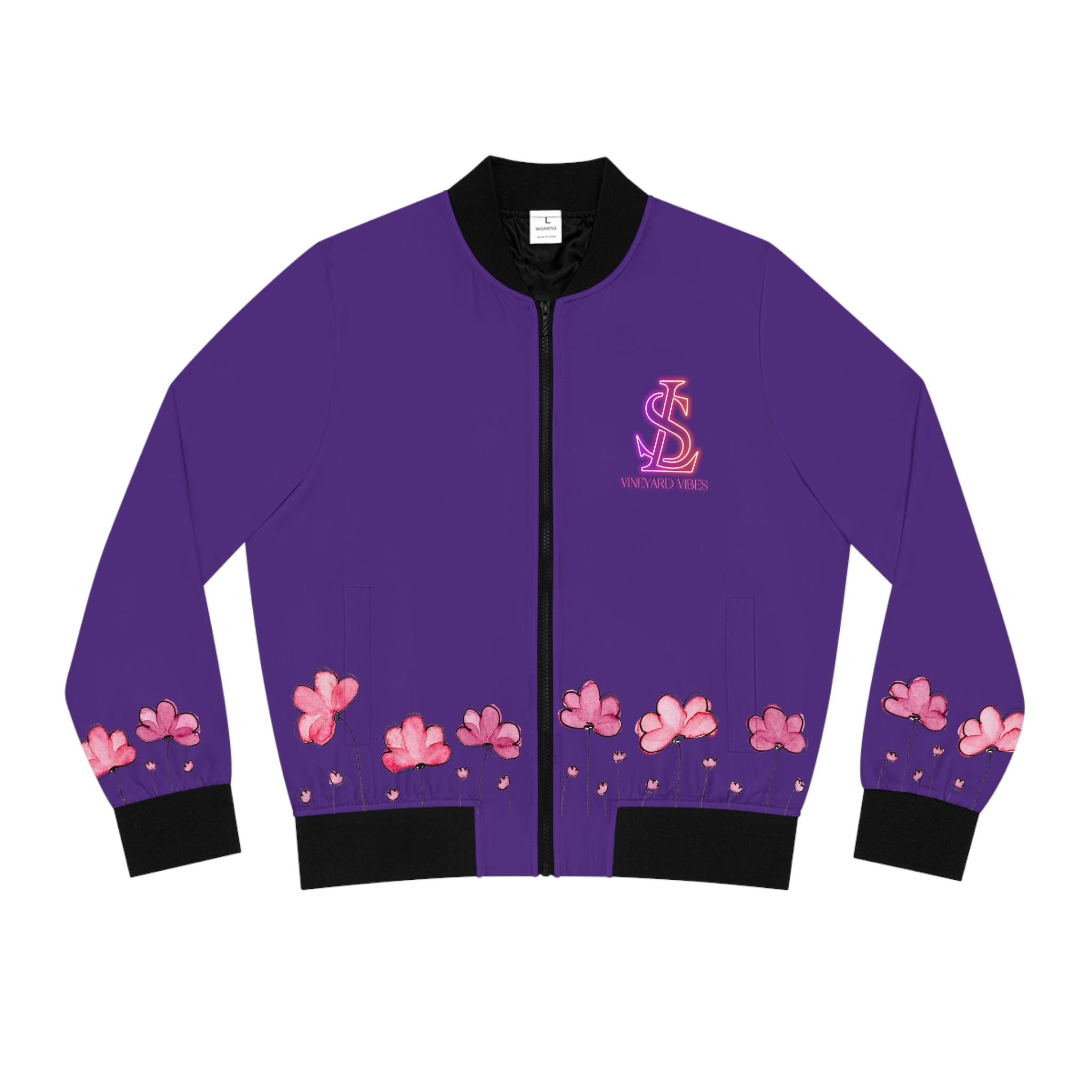 Vineyard Vibes Pink Flower LS LIFESTYLE 1.5 - Women's Purple Bomber Jacket (AOP)
